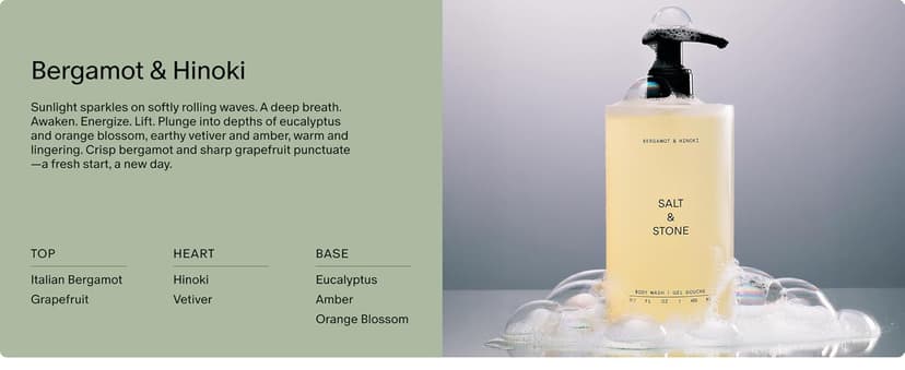 Salt & Stone Body Wash with Antioxidants for Deep Moisture | For Women & Men, Sulfate, Paraben, & Dye Free, Leaving Skin Soft and Hydrated | Bergamot & Hinoki 15.2 fl oz