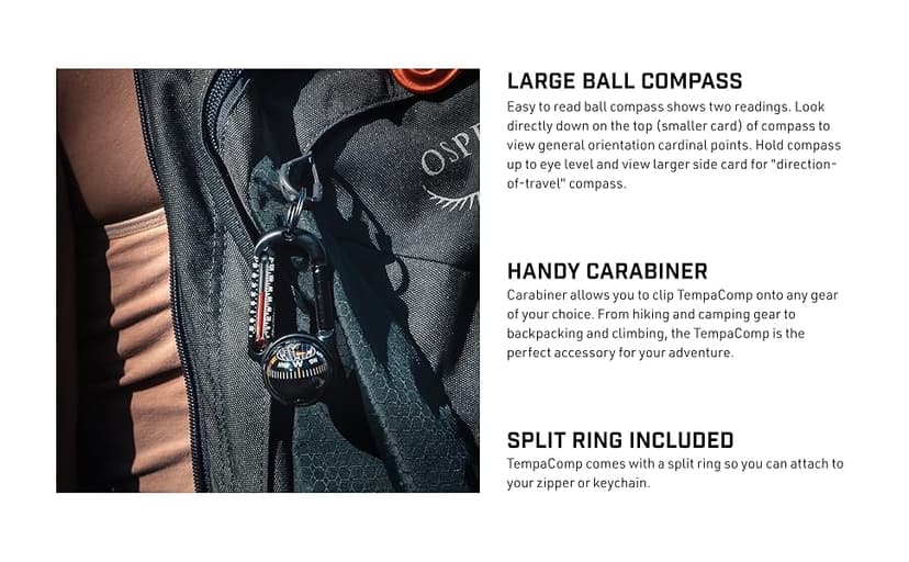 Sun Company TempaComp - Ball Compass and Thermometer Carabiner | Hiking, Backpacking, and Camping Accessory | Clip On to Pack, Parka, or Jacket
