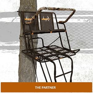 Muddy 2-Person Ladder Tree Stand for Deer Hunting, The Partner, 17' Tall, Black - Adjustable Climbing Treestand with Platform, Straps and Safety Harness for Shooting