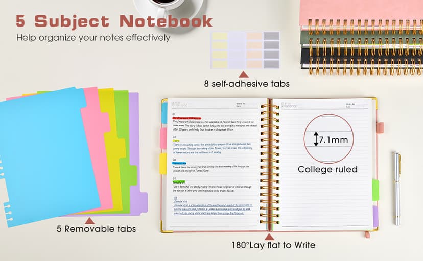 Hardcover Spiral Notebook journal with Removable Dividers Tabs, 300 Pages Leather 5 Subject Notebook College Ruled, 8"x10" Large B5 Notebooks for Work School Note taking, Lined Journal for Women,Pink B0D44Y2NSF
