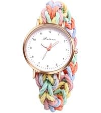 JewelryWe Womens Stretch Band Watches: Analog Quartz Elastic Watch Colorful Weave Rope Expansion Band Wristwatch for Valentine's Day