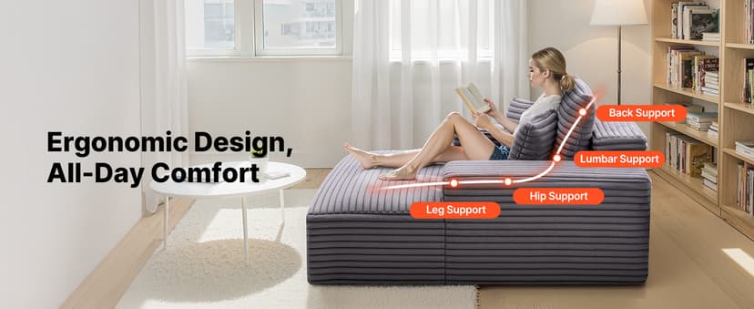 VEVOR Chaise Lounge Chair, 48 in Boneless Chaise Lounge Indoor, Modern Upholstered Oversized Reading Chair with Throw Pillows & Armrests, Sofa Couch Deep Seat Sleeper for Living Room, Bedroom, Balcony