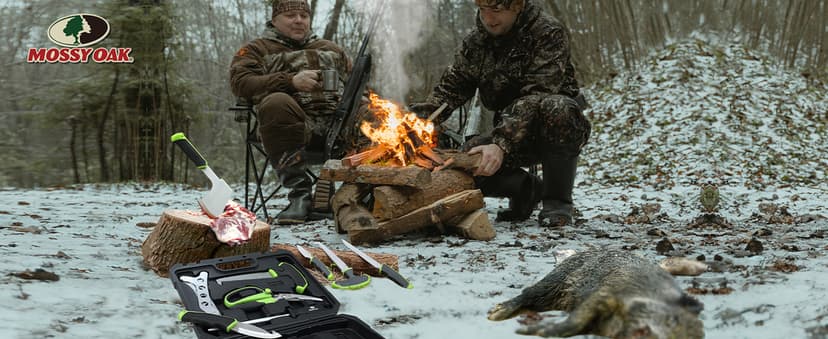 Mossy Oak Hunting Field Dressing Kit - 10 Piece Portable Butcher Game Processing Set with Storage Case, for Deer Hunting, Fishing, Camping, Survival