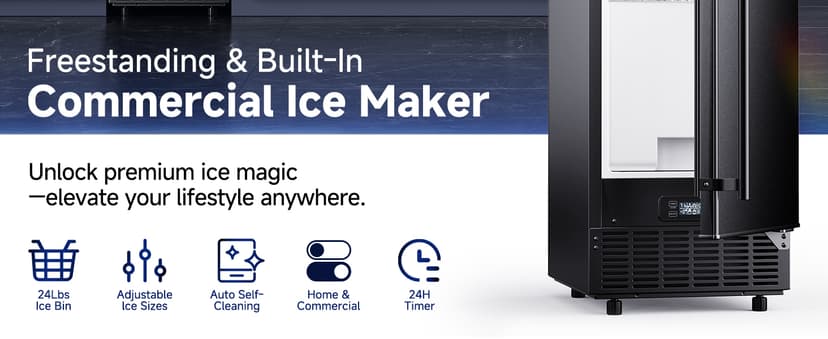 Commercial Under Counter Ice Maker with Drain Pump, Produces 85Lbs Daily Output, 24Lbs Storage Capacity, Self-Cleaning, 24H Timer, Built-in Freestanding Design, Ice Machine for Home, Bar, Cafe