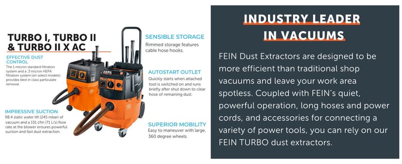 Fein Turbo I HEPA Pro Set Wet/Dry Dust Extractor - 5.8-Gallon Capacity, 151 CFM Suction, Anti-Static System, Quiet 66 dB Operation, Includes HEPA Filter and Accessories - 92037060990