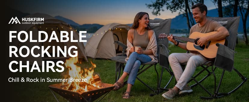 Huskfirm Oversized Rocking Camping Chair Folding Rocking Chair with High Back Padded Outdoor Rocking Chair Heavy Duty Portable Rocker Chair for Camping, Lawn and Patio, Supports Up to 400 lbs, Grey