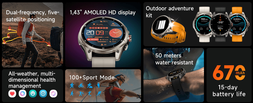 afoloery GPS Running Watch and Outdoor Smartwatch, AMOLED Display, Built-in LED Flashlight,Multisport GPS Smartwatch,5ATM Waterproof,Fitness Tracker up to 15 Days of Battery