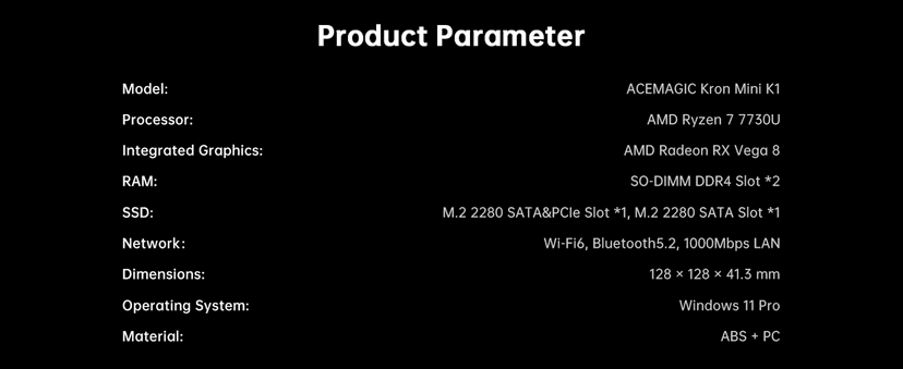 ACEMAGICIAN Kron Mini K1 Mini PC, Ryzen 7 7730U(Upgraded 5825U/7430U), 16GB DDR4 512GB SSD Mini Computers(up to 4.5Ghz), Light Gaming Desktop 4K Triple Display Mini Desktop Bluetooth/WiFi6/Office