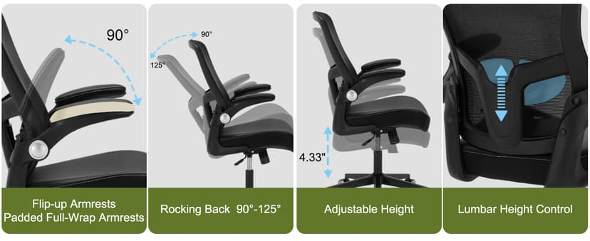 Ergonomic PU Leather Office Chair, 400lbs Weight Capacity, Breathable Mesh Back, Adjustable Height & Flip-Up Arms, Heavy Duty Computer Desk Chair for Home & Office, Black