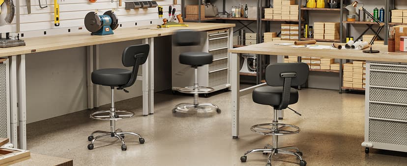 SUPERJARE Drafting Chair with Back, Adjustable Foot Rest Rolling Stool, Multi-Purpose Office Desk Chair, Thick Seat Cushion for Home Bar Kitchen Shop - Black