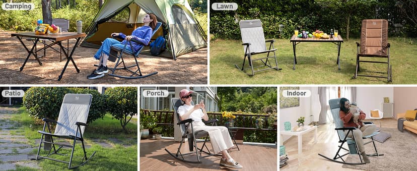 Timber Ridge 3-Level Adjustable Rocking Camping Chair, Padded High Back Outdoor Rocking Chair with Side Pocket, Portable Folding Rocker for Adults, Supports 300 LBS for Lawn, Patio, Porch