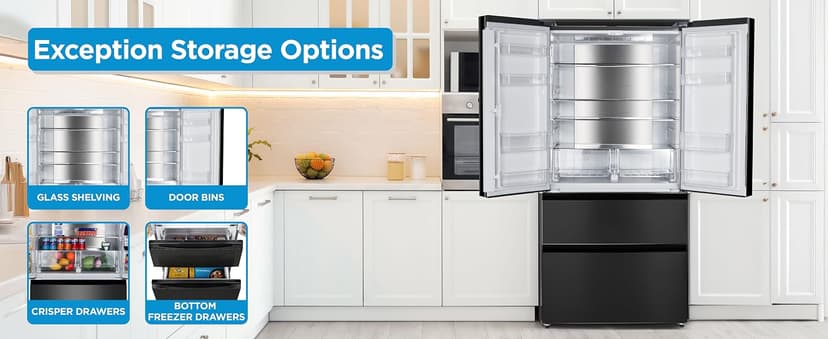 Commercial Cool 18.9 Cu. Ft. French Door Refrigerator, 33 Inch Wide Refrigerator with 2 Bottom Mount Freezer Drawers, Frost Free, LED Lighting, Digital Temperature Control, CCRF1890KB, Black