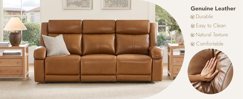 Watson & Whitely Genuine Leather Power Recliner Sofa, 3 Seater Wall Hugger Reclining Sofas with Power Headrest, USB & TypeC Ports, Electric Recliner Couch Set for Living Room, Saddle Brown