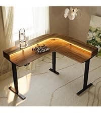 HUANUO 63″ L-Shaped Standing Desk, Built-in Power Outlets, Electric Height Adjustable Corner Computer Desk, Large Power Strip Holder, Sit Stand Up Desk with 3 Preset Heights, Vintage Brown