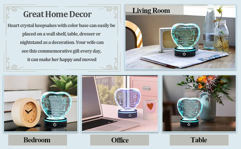 YWHL Gifts for Wife with Colorful LED Base Romantic Wedding Anniversary I Love You Gifts for Her Best Wife Birthday Gift Ideas to My Wife Crystal Keepsakes Presents from Husband