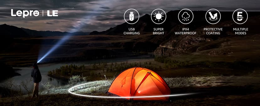 Lepro LED Headlamp Rechargeable - Super Bright Head Lamp with 5 Modes for Camping & Hiking Gear Essentials, IPX4 Waterproof Headlight Flashlight with Red Light, USB Cable Included