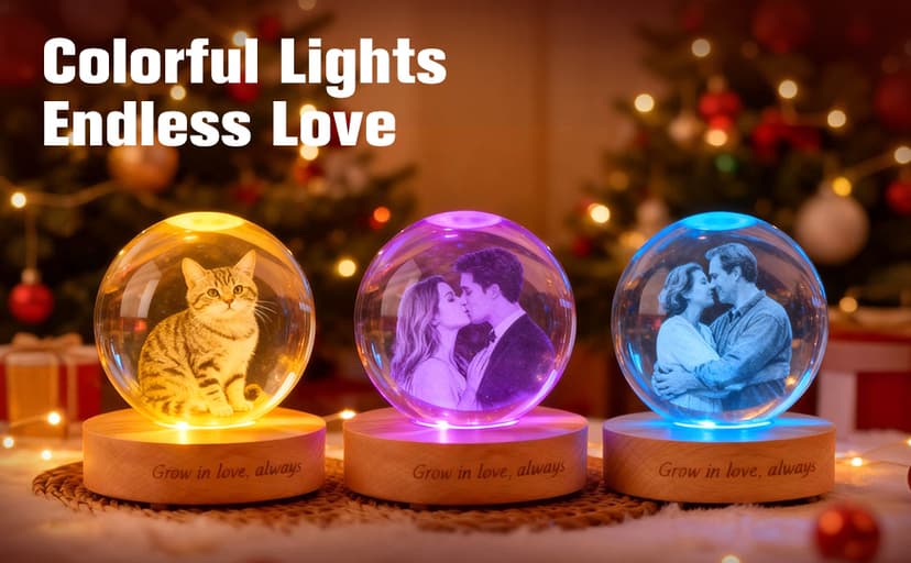 Personalized 3D Photo Crystal Ball, Memorial Gifts, Custom Engraved Picture Lamp with Wood Base, Color Changing Crystal Globe for Pets, Couples, Babies, Parents, Birthdays, Anniversaries(Circle)