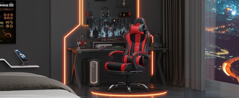 Yaheetech Gaming Chair, Video Game Chair with Massage Lumbar Support and Footrest Height Adjustable Ergonomic Computer Chair with Swivel Seat and Headrest, Black/Red