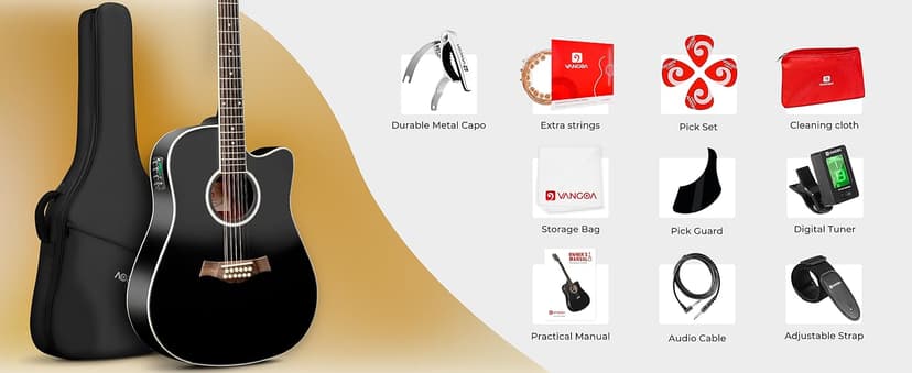 Vangoa 12 String Guitar Acoustic Electric, Upgraded Guitar 12 Strings Bundle for Beginner Intermediate Adults Teens, Guitarra de 12 Cuerdas, Spruce Top Bone Nut, Black, Matte