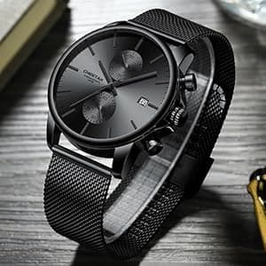 GOLDEN HOUR Mens Watch Fashion Sleek Minimalist Quartz Analog Mesh Stainless Steel Waterproof Chronograph Watches for Men with Auto Date
