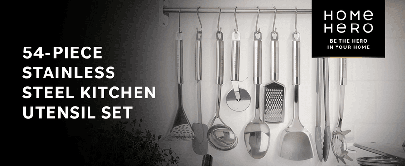 Home Hero 54 Pcs Stainless Steel Kitchen Utensils Set - Nonstick Stainless Steel Cooking Utensils Set - Heat Resistant Kitchen Essentials & Metal Kitchen Gadgets (54 Pcs)