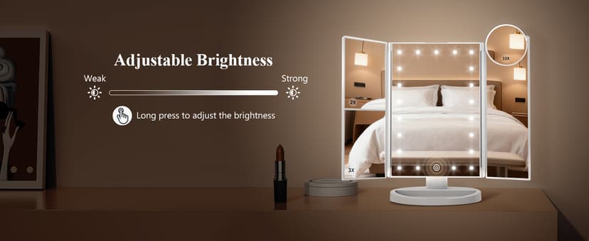 HUONUL Makeup Mirror Vanity Mirror with Lights, 2X, 3X, 10X Magnification, Touch Control, Trifold, White, 9.4" L x 13.4" W, Modern Style, Dresser Mount, Bathroom