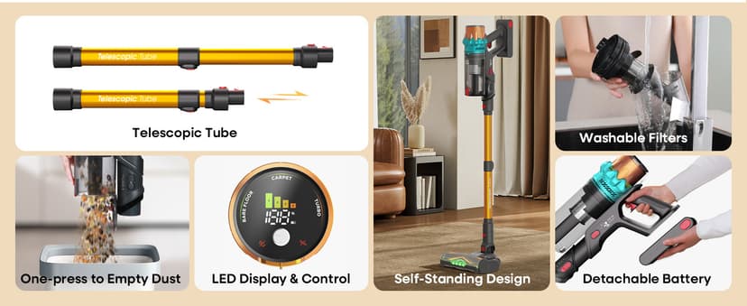ElecKeys Cordless Vacuum Cleaner, 600W 50KPA 70Mins Self-Standing Vacuum Cleaners for Home, Stick Vacuum with Touch Screen, Upgraded Anti-Tangled Vacuum Cordless for Pet Hair, Floors, Carpets, Gold