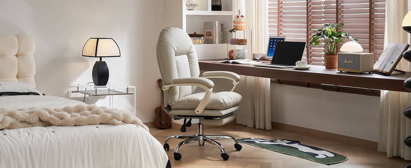EMIAH Ergonomic Office Chair with Foot Rest Criss Cross Chair with Wheels Reclining Executive Office Chair Mid Back PU Leather Swivel Computer Chairs Lumbar Support for Home Office (Beige)