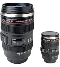 Camera Lens Coffee Mug with Slider Lid and Spoon– Realistic DSLR Thermos Cup, Novelty Gift for Photographers, Men & Women