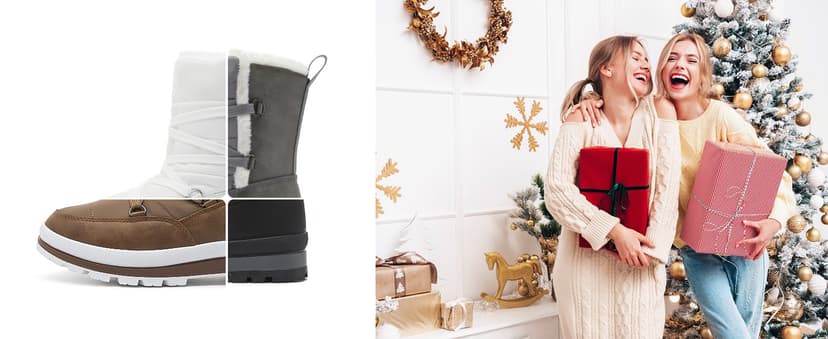 Rominz Women's Winter Snow Boots - Waterproof Black Fur Lined Warm Mid Calf Non-Slip Ankle Boots - White Lace-Up Platform