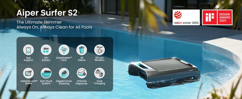 AIPER Surfer S2 Robotic Solar Pool Skimmer with APP Support, 24/7 Cleaning, Dual Charging Modes, Smart Obstacle Avoidance, Ideal for Most Swimming Pool Types
