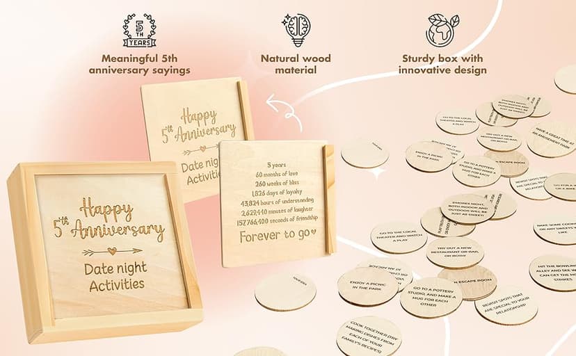 5 Year Anniversary Wooden Gifts for Him Her - 5th Anniversary Traditional Gifts for Wife Husband, 5 Year Marriage Gift for Couple, Fifth Wedding Present for Men