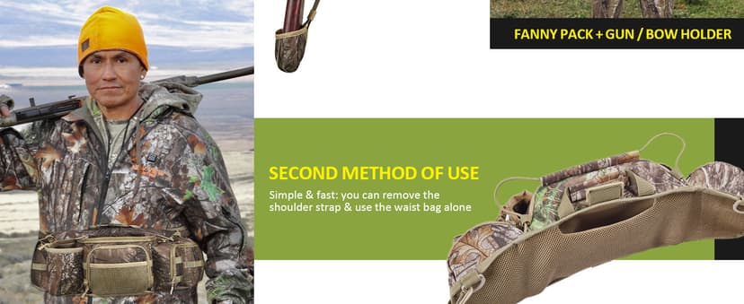 Hunting Fanny Pack for Men, Camo Waist Pack for Hunter, Fanny Hunting Backpack with Rifle, Shotgun, and Bow Holder (Fanny Pack Upgrade)