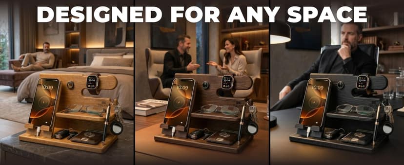 TESLYAR Wood Phone Docking Station for Men - Desk or Nightstand Organizer - Birthday Gifts for Husband, Dad - Anniversary Idea from Wife - Key Holder, Stand Wallet, Watch & Essentials (Bourbon Brown)