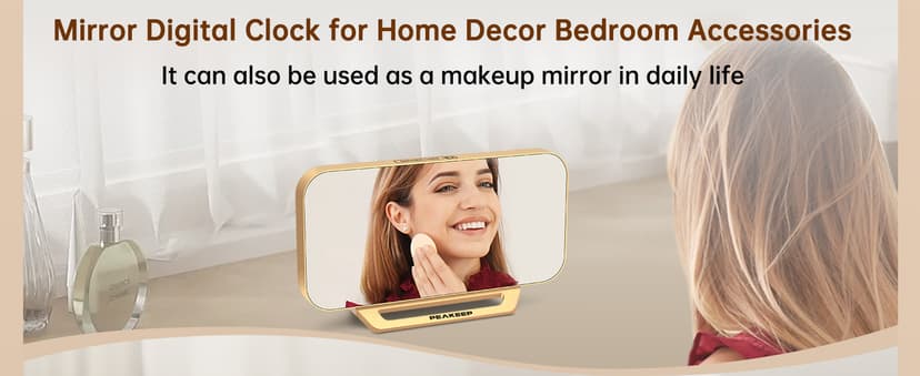 Peakeep Slim Digital Mirror Aesthetic Alarm Clock for Bedrooms Desk Decor - Plug in Electric Big LED Modern Small Clock for Office Living Room, Battery Backup, 6 Dimmers (Gold)