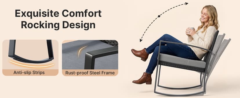 3 Pieces Outdoor Patio Furniture Set Rocking Bistro Set Outdoor Rattan Conversation with Coffee Table for Garden Balcony Backyard Poolside (Grey Cushion)