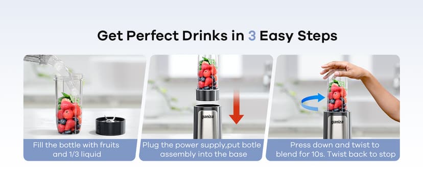 With 3 Portable Cups (1*24oz & 2*17oz), Peak Power 900W Single Serve Smoothie Maker for Kitchen, BPA-Free, Nutritious Recipe Ganiza Smoothie Blender, 14Pcs Portable Personal Blender Shakes & Smoothies B0DJM4QW9B