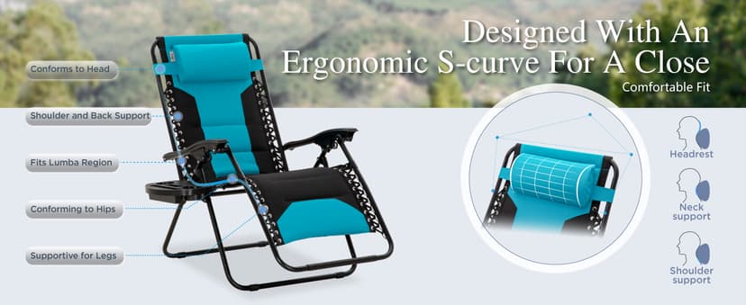 Sophia & William Oversized Zero Gravity Chair Set of 2 Padded, Folding Lounge Chair with Wide Armrest and Cup Holder, Support 400 LBS, Aqua Blue