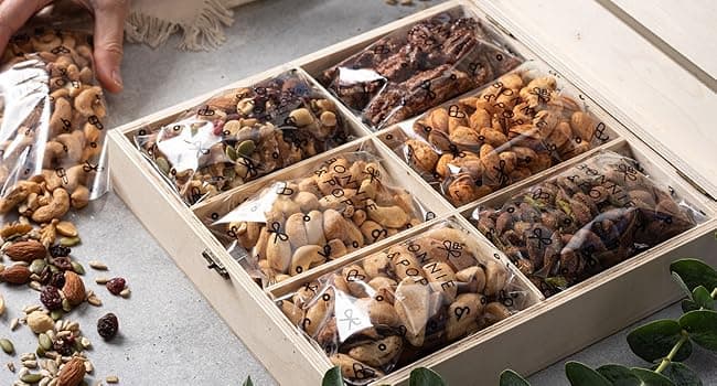 Nut Gift Basket, in Reusable Wooden Crate, Healthy Gift Option, Gourmet Snack Food Box, with Unique Flavors, Great for Feel Better, Sympathy & Birthday- Bonnie & Pop