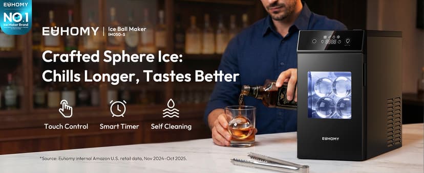 EUHOMY 2.4" Ice Ball Maker Countertop, 2Pcs Ready in 60Mins, 48Pcs/Day, 8H Timer, Self-Cleaning Sphere Ice Maker Machine with Crystal Clear Ice, Round Ice Cube Maker for Whiskey & Bourbon