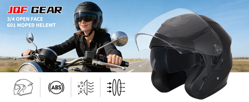 Motorcycle Helmets Open Face for Streey Moped Scooter, Dual Visor 3/4 Moped Helmets for Adults Motorbike Half Helmet 601 DOT Approved Men and Women