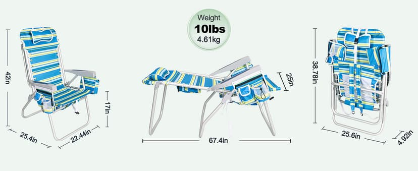 Romswi Tall Beach Chair Extra Wide for Adults, 17" High Seat Backpack Beach Chair with Cooler Bag, Cup & Phone Holder, 5-Position High Back Reclining Chair with Towel Bar & Zipper Pocket, Blue Stripes