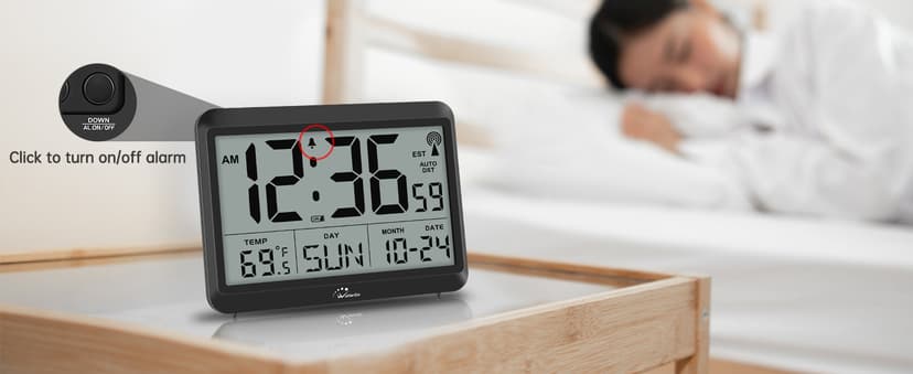 WallarGe Atomic Digital Wall Clock Battery Operated, Self-Setting, Large Display with Temperature, Date, Day of The Week, Silent Wall Mount Digital Clock, 4 Time Zones, DST