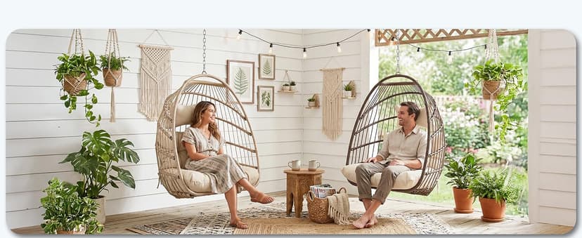 Nicesoul Outdoor Hanging Egg Chair Without Stand, Patio Wicker Swing Egg Basket Chairs with Padded Cushion, 350 Lbs Comfy Cozy Ceiling Tree Swinging Egg-Shaped Chair No Stand for Indoor Balcony, Beige