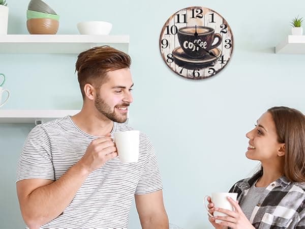 Horizent Kitchen Wall Clock,Vintage Glass Coffee Sign Decor Wall Clocks Battery Operated-8 Inch