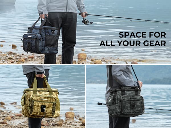 KastKing BaitSpace Fishing Tackle Bag With 4 Tackle Boxes & Removable Bait Binder, Water-Resistant Tackle Storage, Durable Fishing Gear, Adjustable Shoulder Strap