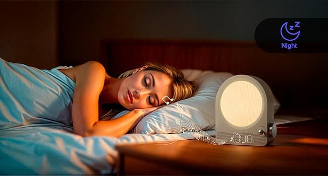 Vivilumens Sound Machine Alarm Clock, Gentle Sunrise Wake Up Light Alarm Clock for Heavy Sleepers Adults, Dimmable Night Light & RGB Meteors Lights Mode, 10 Natural Sounds, Great Gifts for Her