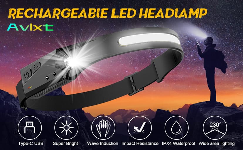 LED Headlamp, 2 Pack Rechargeable Flashlight for Adults, 230 Wide Beam Headlight, Motion Sensor Head Lamp, Adjustable Headband Outdoor Waterproof Head Light for Running, Camping, Hiking