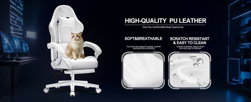 White Gaming Chair,Ergonomic Massage Computer Office Desk Chair with Footrest,Pocket Spring Cushion,Reclining Leather Adjustable Gamer Chair with Headrest and Lumbar Support,White