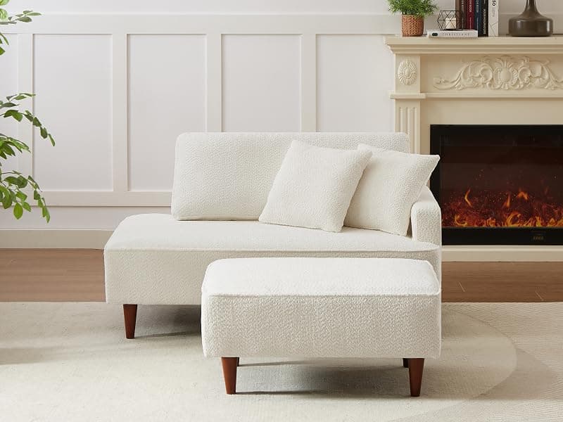 Upholstered Chaise Lounge Chair Indoor with Ottoman Boucle Chaise Lounge Fluffy Reading Chairs for Office Living Room Bedroom Relaxing (Boucle Biege)